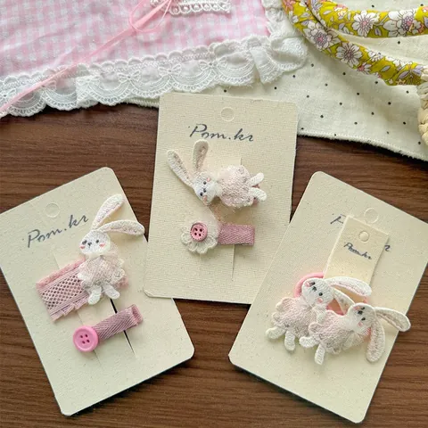Sweet Korean Style Embroidered Rabbit Bow Flower Hair Clips Hair Ties Combination Lace Fabric Hairpins For Kids Girls Accessories