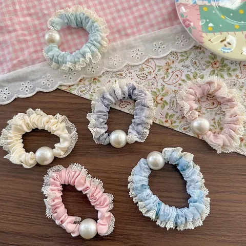 Ballet Style Lace Trim Scrunchie With Artificial Pearl For Girls Women Elegant High Elastic Fabric Hair Tie Sweet Hair Rope