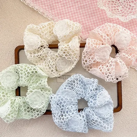 Handgemaakte Gehaakte Kant Scrunchies Fris Zoet Opengewerkt Stof Haarelastiekjes Bloemen Design Haaraccessoires Voor Dames