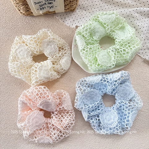 Handgemaakte Gehaakte Kant Scrunchies Fris Zoet Opengewerkt Stof Haarelastiekjes Bloemen Design Haaraccessoires Voor Dames