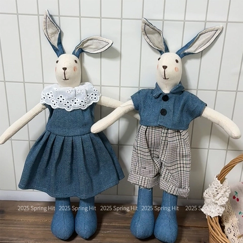 Handmade Rabbit Fabric Doll Vintage Denim Outfit Cute Embroidered Stuffed Animal Home Decor Ornament Children Comfort Gift
