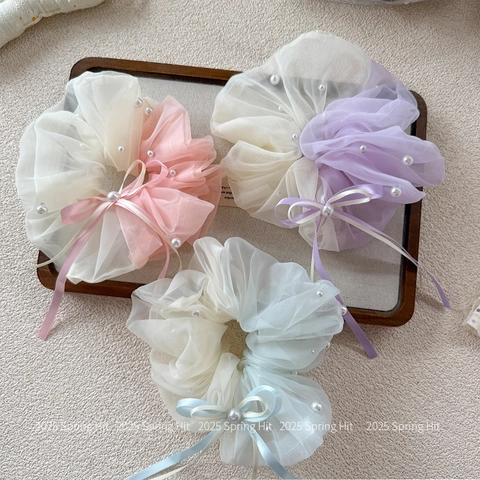 Chouchou Élégant en Organza Français avec Perles Artificielles et Nœud en Ruban de Satin Accessoires de Cheveux pour Femmes