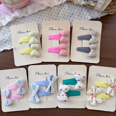 Doux Ensemble de Barrettes à Nœud en Tissu pour Filles Enfants Style Coréen Pois Floral Dentelle Ruban Épingles à Cheveux Accessoire