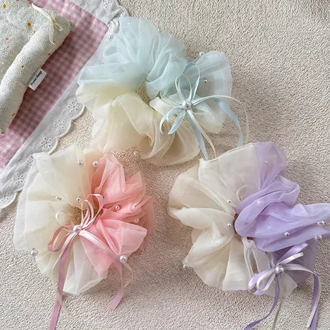 Chouchou Élégant en Organza Français avec Perles Artificielles et Nœud en Ruban de Satin Accessoires de Cheveux pour Femmes