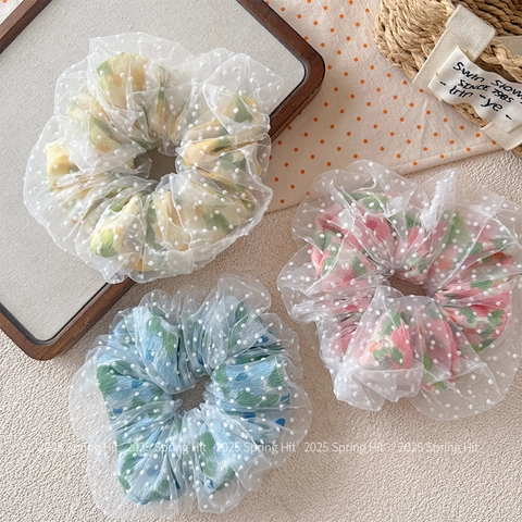 Scrunchie Floral de Malla de Gasa de Doble Capa Estilo Coreano Con Lunares Dulce Goma de Pelo Elástica Para Mujeres