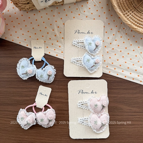 Korean Style Kids Heart Shaped Floral Embroidery Hair Accessories Sweet Pink Blue Lace Trim Hair Clips Elastic Hair Ties Girls