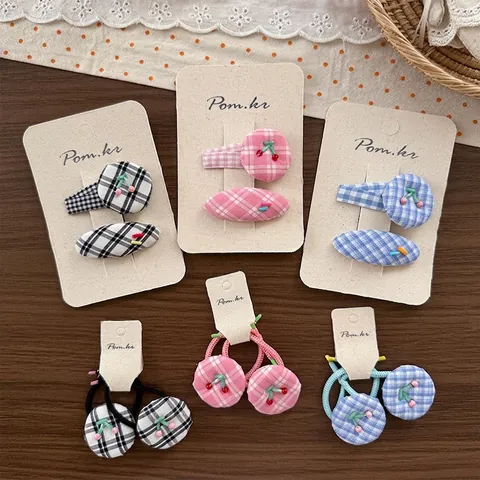 Simpatiche Mollette in Tessuto Scozzese E Elastici per Capelli con Perline Ciliegia per Ragazze Bambini Accessori per Capelli