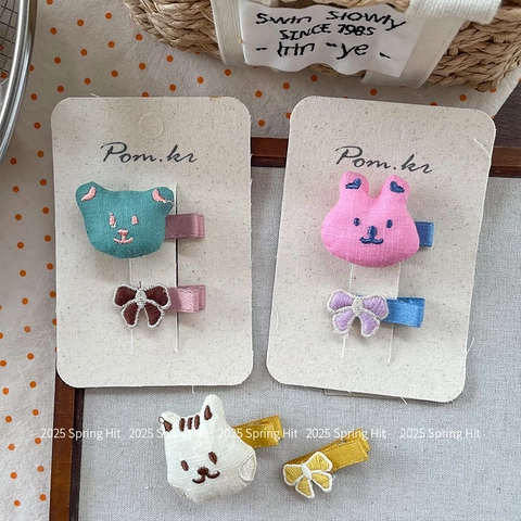 Kids Cute Cartoon Bear Embroidery Fabric Hair Clips Handmade Bowknot Side Bangs Clips For Girls Korean Style Hair Accessories