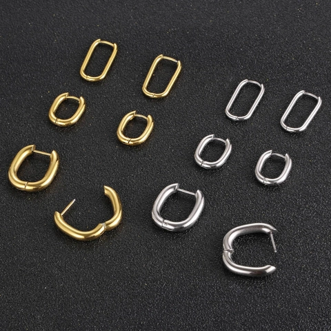 Minimalist Stainless Steel U-Shaped Hoop Earrings Geometric Oval Ear Buckle Gold Steel Black Plated Daily Women Jewelry