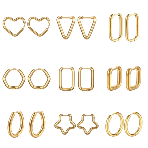 Stainless Steel Geometric Hoop Earrings For Women Men Minimalist Heart Star Square Triangle Hexagon Fashion Ear Buckles