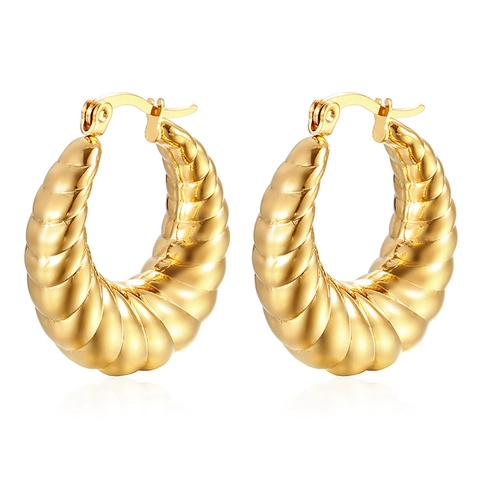 Vintage Stainless Steel Twisted Croissant Hoop Earrings For Women Men 18K Gold Plated Chunky Punk Hip Hop Jewelry Gift