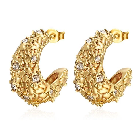 Luxury Stainless Steel Rhinestone C-Shaped Stud Earrings 18K Gold Plated Braided Texture Fashion Jewelry For Women