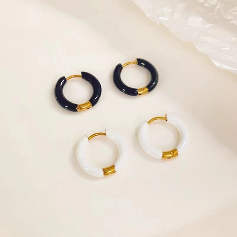 Pendientes de Aro de Esmalte Vintage Francés para Mujer Acero Inoxidable Chapado en Oro de 18K Geométricos Redondos Joyería