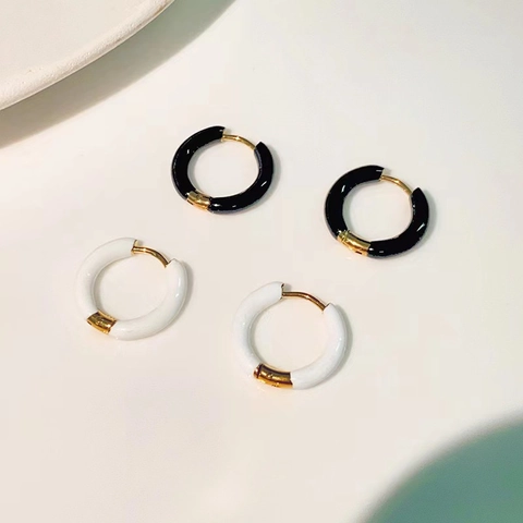 Pendientes de Aro de Esmalte Vintage Francés para Mujer Acero Inoxidable Chapado en Oro de 18K Geométricos Redondos Joyería