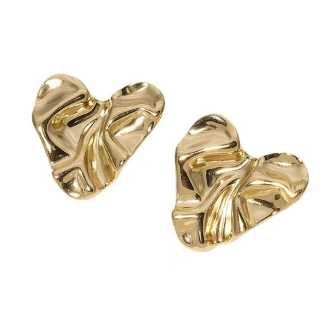 Minimalist Stainless Steel Heart Stud Earrings For Women Wrinkled Liquid Metal Style Gold Steel Color Fashion Jewelry Gift