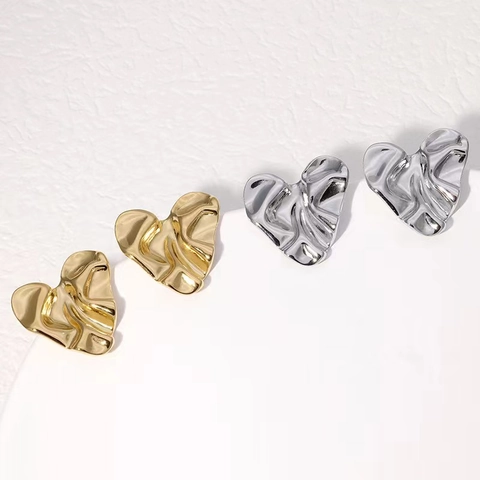 Minimalist Stainless Steel Heart Stud Earrings For Women Wrinkled Liquid Metal Style Gold Steel Color Fashion Jewelry Gift