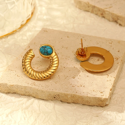 Vintage Stainless Steel 18K Gold Plated C Shape Stud Earrings With Oval Turquoise Spiral Texture Jewelry For Women