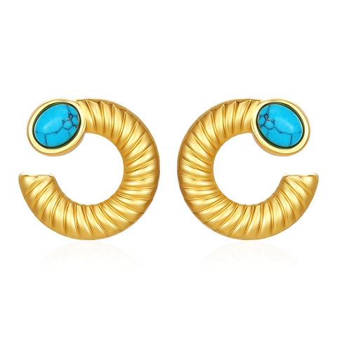 Vintage Stainless Steel 18K Gold Plated C Shape Stud Earrings With Oval Turquoise Spiral Texture Jewelry For Women