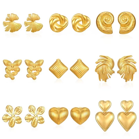 European Fashion 18K Gold Plated Stainless Steel Geometric Stud Earrings For Women Textured Heart Butterfly Square Earrings Jewelry