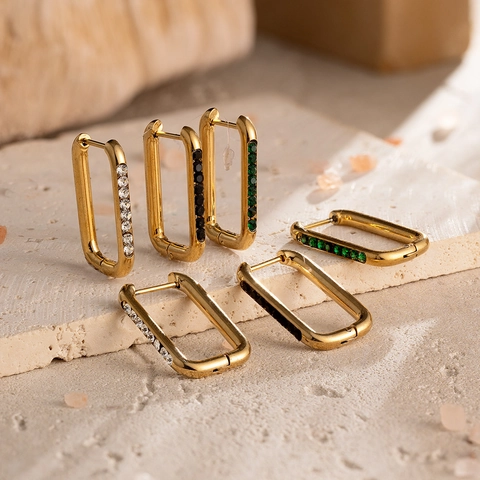 Fashion 304 Stainless Steel Geometric Rectangle Hoop Earrings For Women Gold Plated Rhinestone Inlaid Minimalist Jewelry