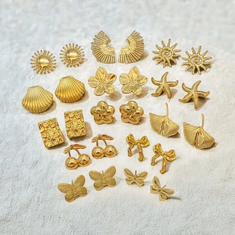 Gold Plated Stainless Steel Stud Earrings For Women Vintage Geometric Flower Butterfly Shell Heart Ear Jewelry Accessory