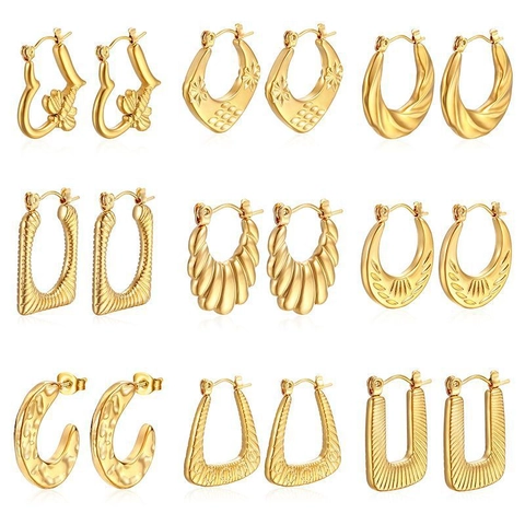 Fashion Stainless Steel Hoop Earrings For Women Gold Silver Plated Geometric Texture Temperament Versatile Daily Jewelry Gift