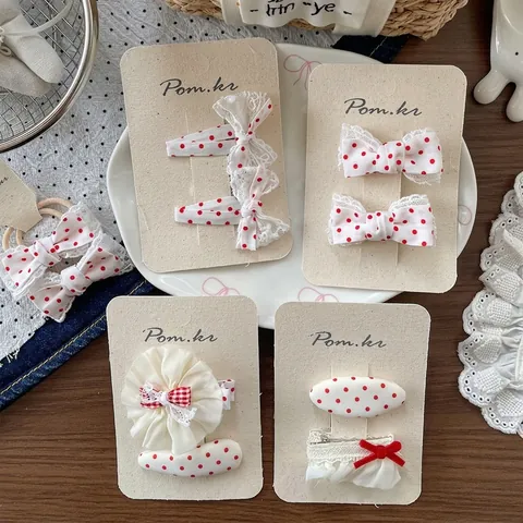 Ensemble de Pinces à Cheveux à Nœud Pois Rouges Style Coréen Fait à la Main en Tissu Dentelle Florale pour Enfants Filles
