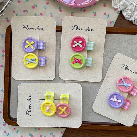 Set de Pinzas para el Pelo Coreanas con Lazo y Botón para Niñas Color Dopamina Tela de Cuadros Accesorios para el Cabello