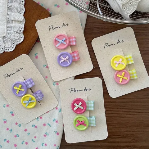 Set de Pinzas para el Pelo Coreanas con Lazo y Botón para Niñas Color Dopamina Tela de Cuadros Accesorios para el Cabello