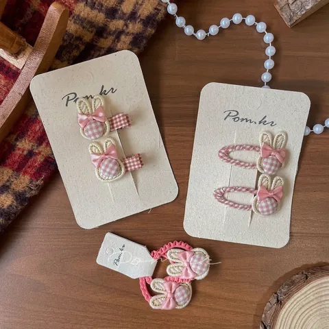 Dolci Fermagli per Capelli a Quadretti con Coniglietto e Elastici per Capelli in Tessuto Rosa Fatti a Mano Accessori Stile Coreano per Bambine