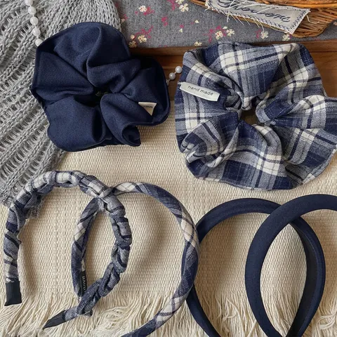 Blue Plaid Fabric Hair Accessories Handmade Korean Style Scrunchies And Headbands For Women Girls Daily Sweet Hair Decoration