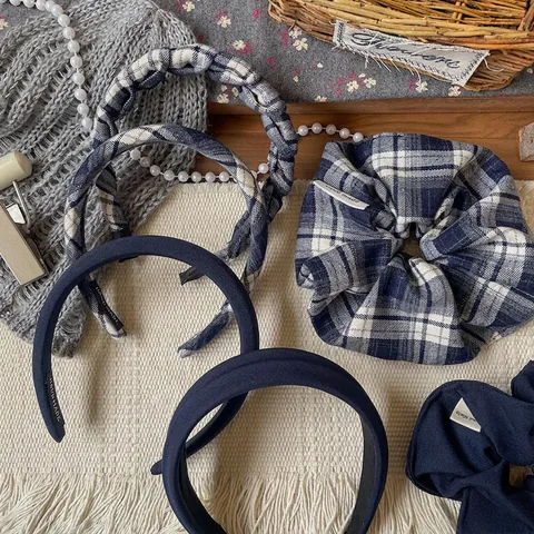 Blue Plaid Fabric Hair Accessories Handmade Korean Style Scrunchies And Headbands For Women Girls Daily Sweet Hair Decoration