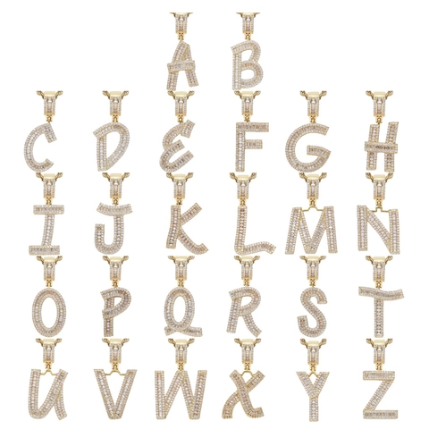 Hip Hop Initial Letter Pendant Necklace Baguette Zirconia Iced Out Copper Gold Silver Plated Rope Chain Fashion Jewelry