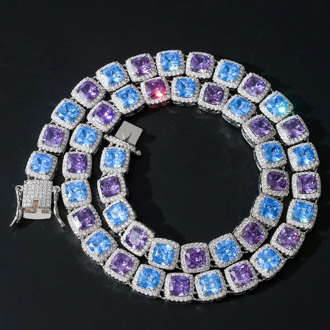 Collana Hip Hop in Rame con Zirconia Quadrata Blu Viola per Uomo Donna Iced Out Bling Tennis Chain Gioielli Personalizzati Regalo