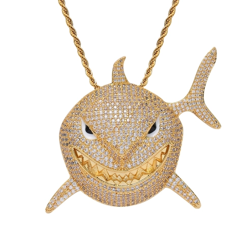 Hip Hop Großer Hai Anhänger Halskette Für Herren Vereist Zirkonia Kupfer Schmuck Gold Silber Rosa Kubanische Seilkette