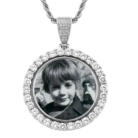 Hip Hop Rund Rotierend Foto Rahmen Anhänger Halskette Gold Silber Vergoldet Kupfer Mikro Eingelegt Zirkonia Seilkette Schmuck