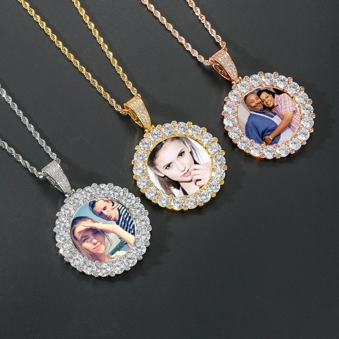 Hip Hop Custom Photo Round Pendant Necklace Copper Cubic Zirconia Iced Out Memorial Jewelry Stainless Steel Rope Chain