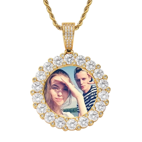 Hip Hop Custom Photo Round Pendant Necklace Copper Cubic Zirconia Iced Out Memorial Jewelry Stainless Steel Rope Chain