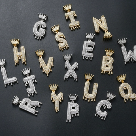 Hip Hop Crown Drip Initial Letter Pendant Necklace For Men Iced Out Zirconia Copper Stainless Steel Rope Chain Jewelry