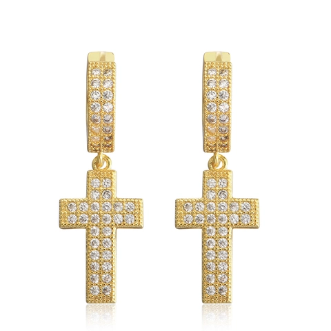 Hiphop Cross Drop Earrings With 925 Sterling Silver Earring Post 14K Gold Plated Brass Zirconia Jewelry For Men Women