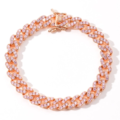 Hip Hop Einreihiges Pink Zirkonia Panzerkette Armband Für Damen Herren Roségold Vergoldetes Kupfer Iced Out Schmuck