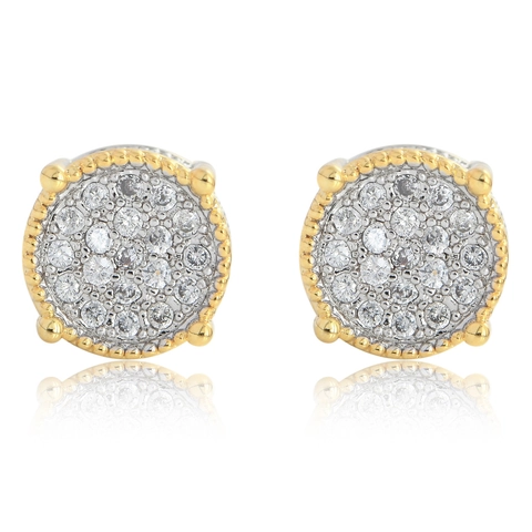 Hip-Hop Round Pave Zirconia Stud Earrings With 925 Sterling Silver Earring Post Two-tone Copper Iced Out Jewelry For Unisex