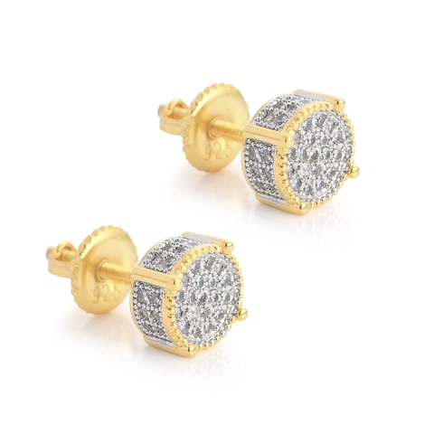 Hip-Hop Round Pave Zirconia Stud Earrings With 925 Sterling Silver Earring Post Two-tone Copper Iced Out Jewelry For Unisex