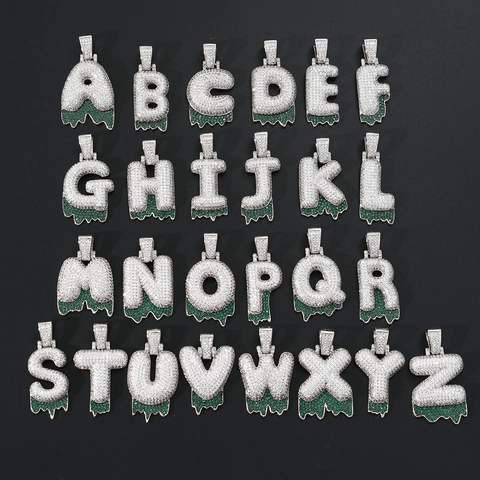 Hip Hop Bubble Letter Pendant Necklace Iced Out Zirconia Green Drip Effect Alphabet Jewelry Copper Gold Silver Plated Rope Chain Unisex