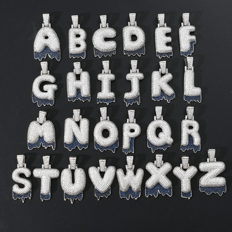 Hip Hop Blue Dripping Lava Initial Letter Pendant Necklace Copper Zirconia Iced Out Bubble Alphabet Pendant Jewelry For Unisex