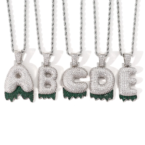 Hip Hop Bubble Letter Pendant Necklace Iced Out Zirconia Green Drip Effect Alphabet Jewelry Copper Gold Silver Plated Rope Chain Unisex