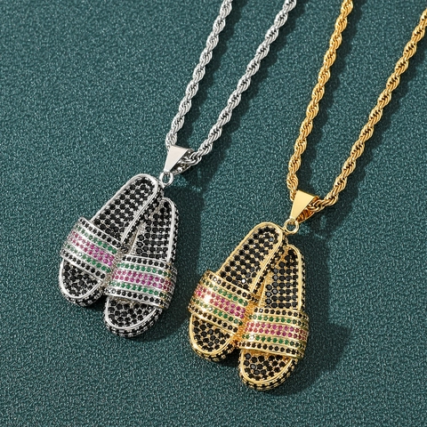 Collier Pendentif Pantoufle en Cuivre et Zirconia Hip Hop pour Homme Femme Or Argent Chaîne Torsadée en Acier Inoxydable