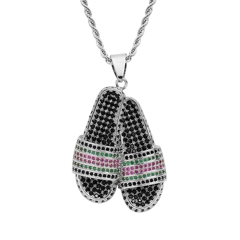 Collier Pendentif Pantoufle en Cuivre et Zirconia Hip Hop pour Homme Femme Or Argent Chaîne Torsadée en Acier Inoxydable