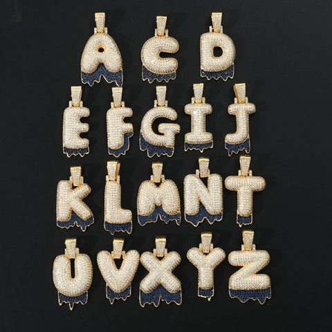 Hip Hop Blue Dripping Lava Initial Letter Pendant Necklace Copper Zirconia Iced Out Bubble Alphabet Pendant Jewelry For Unisex