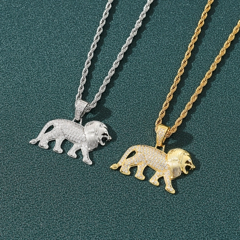 Collana con Pendente a Testa di Leone Hip Hop da Uomo in Rame Placcato Oro 18K Argento con Zirconia Micro Intarsiata Collana Animale Catena a Spirale in Acciaio Inossidabile